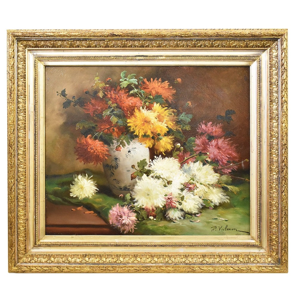 QUADROS ANTIGOS, NATUREZA MORTA COM FLORES DE DÁLIA, CAUCHOIS HENRI, ÓLEO SOBRE TELA, DO SÉCULO XIX. (QF483)